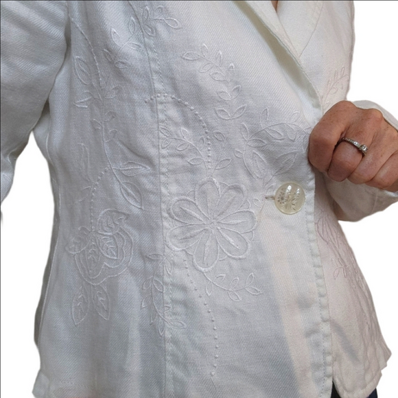 Vintage Women's Blazer White Embroidered Collared 100% Linen BOHO Western Floral - Picture 5 of 14